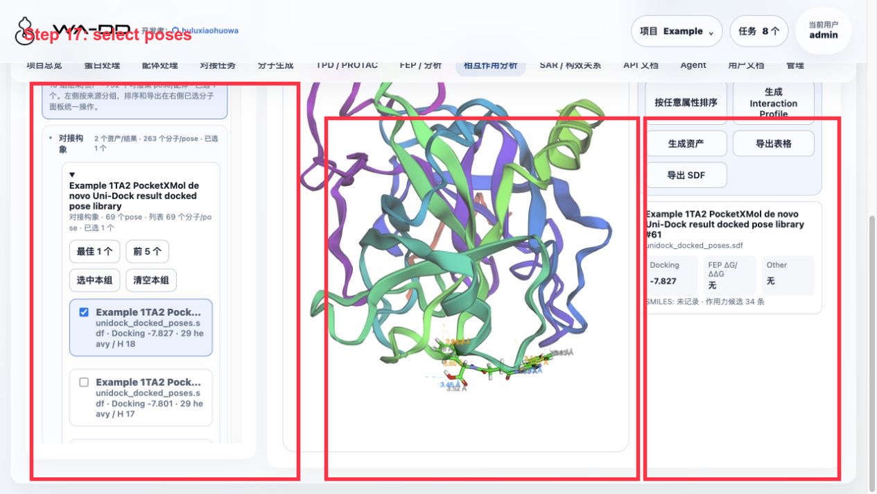 Interaction analysis: select the best molecule and view 3D, scores, and residue contacts