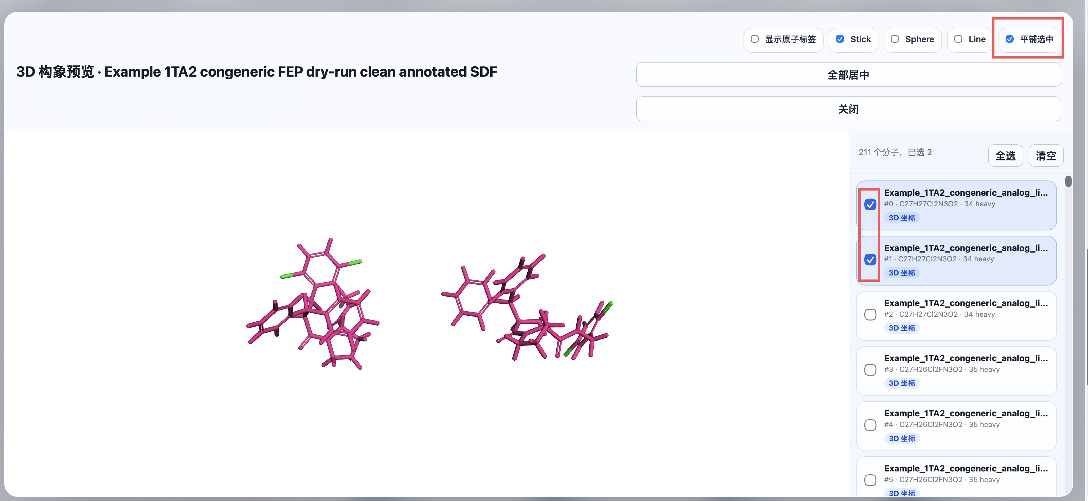 3D conformer preview with selected conformers tiled for comparison
